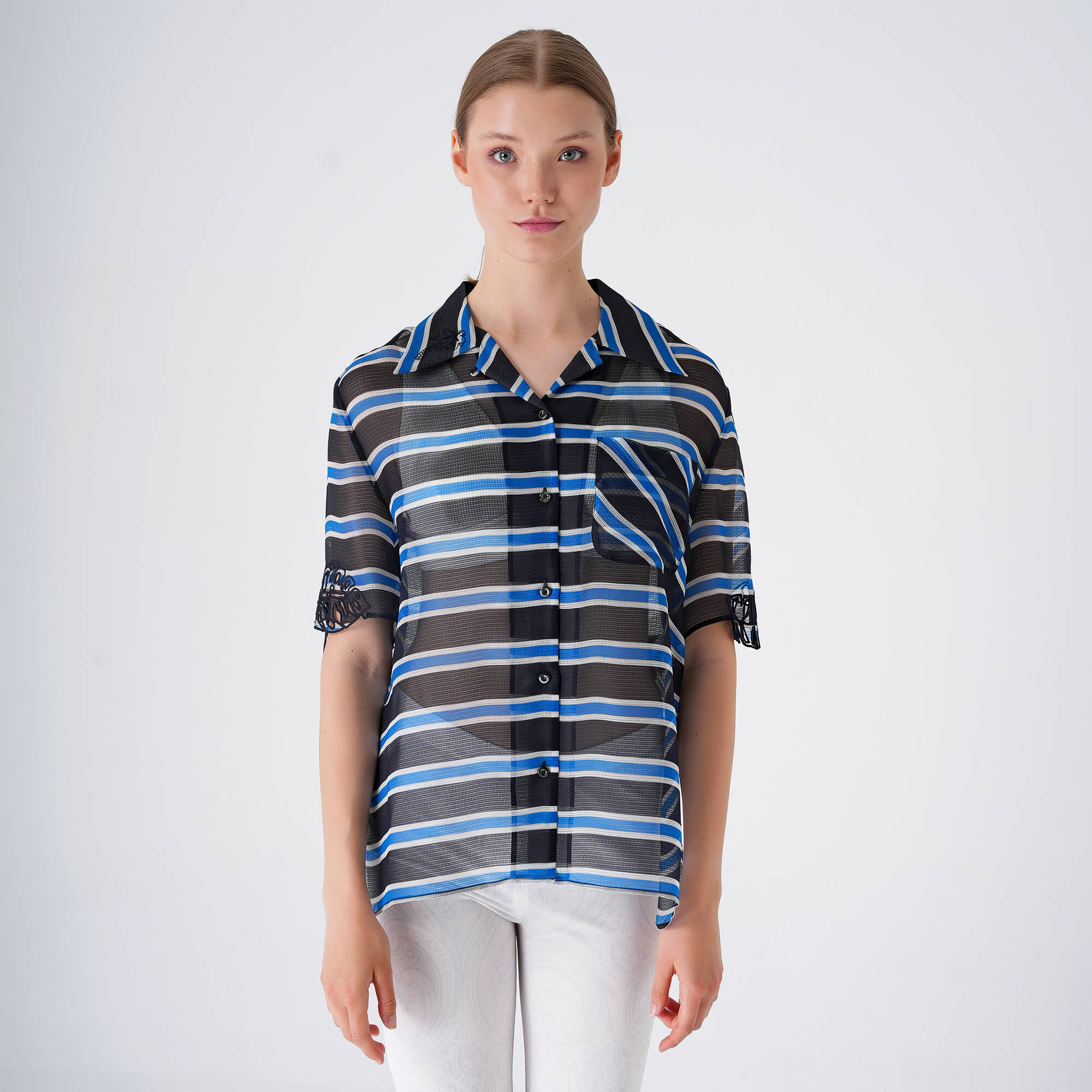 Fendi - Black&Blue&White Stripes Silk Short Sleeved Shirt